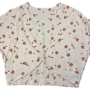 Willow Root Cream Floral Twist Front‎ Smocked Hem Short Sleeve Crop Top XL